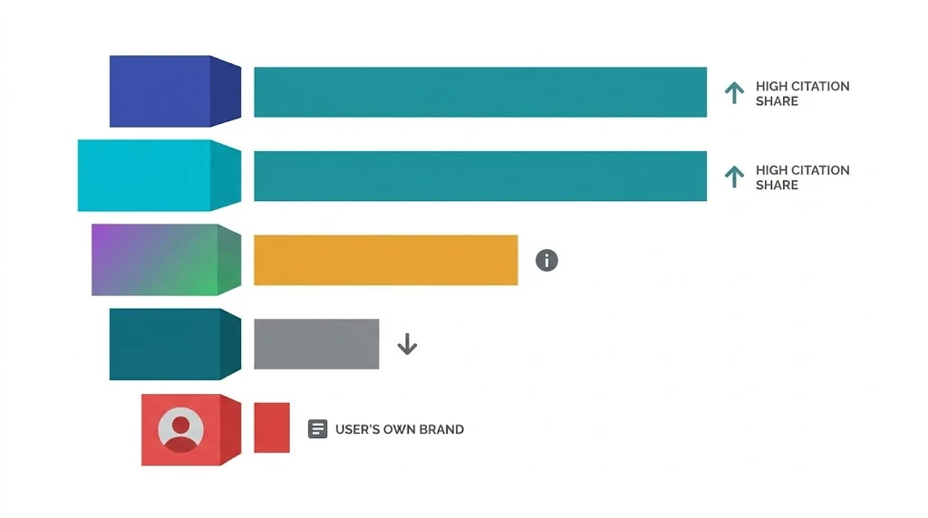 Bar chart illustration showing AI citation share of voice comparison across five competitor brands, with the user's brand sitting at the bottom with the lowest citation rate