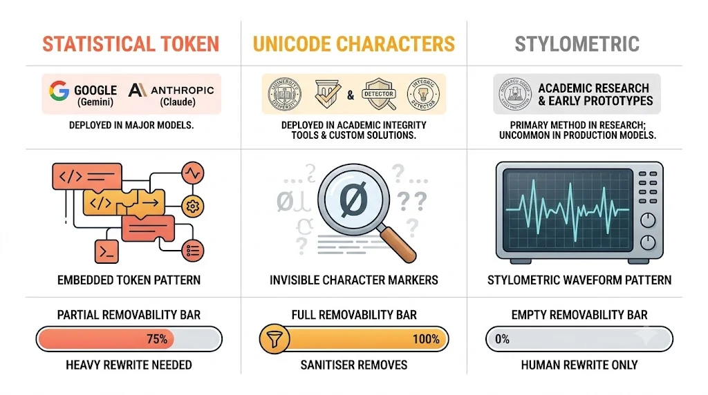 Three-column diagram comparing statistical token watermarks, Unicode zero-width characters, and stylometric fingerprints across providers, deployment status, visual representation, and removability — showing that statistical token watermarks require a heavy rewrite, Unicode characters are fully removable by a sanitiser, and stylometric fingerprints require full human rewriting