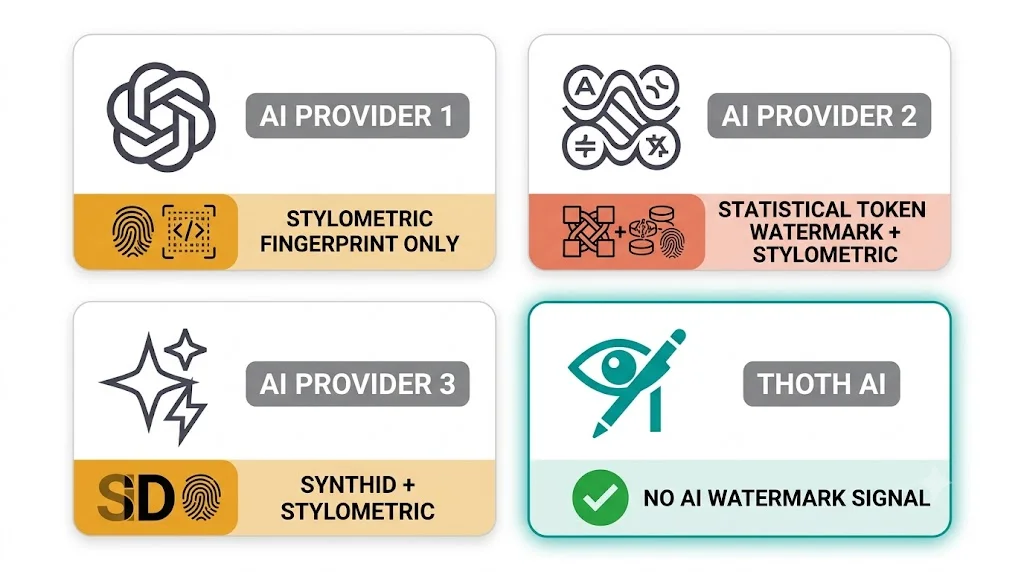 Comparison diagram showing which AI writing providers embed watermarks in generated text in 2026 — Claude with statistical token watermarks, Gemini with Unicode signals, ChatGPT with stylometric fingerprints, and Thoth with human-rewritten content showing no detectable AI signal