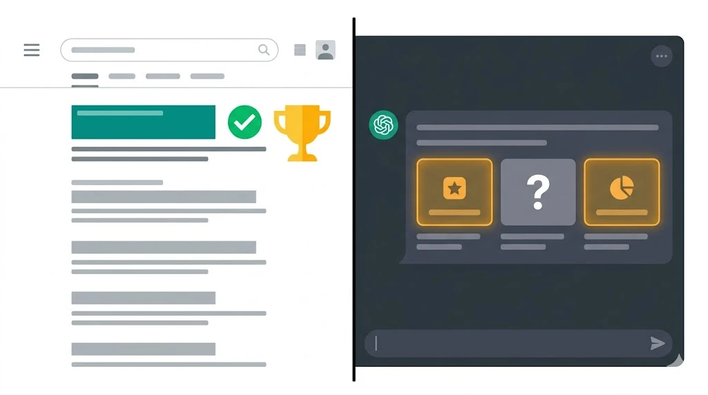 Split diagram showing a brand ranking number one on Google on the left while being completely absent from ChatGPT and Perplexity answers on the right, illustrating the citation gap between traditional SEO and AI search visibility