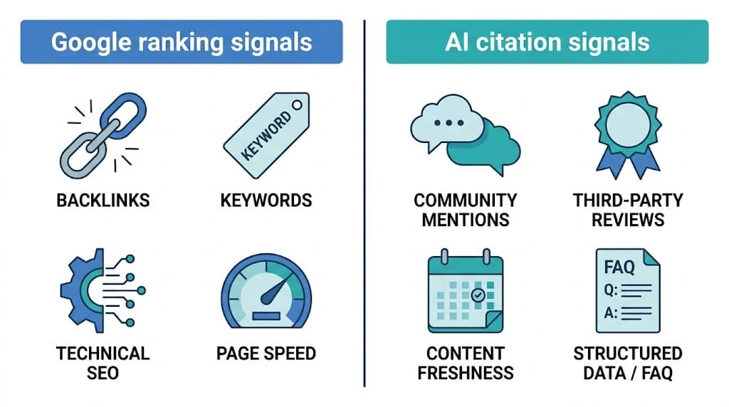 Two-column comparison illustration showing Google ranking signals including backlinks, keywords, and technical SEO on the left versus AI citation signals including community mentions, third-party validation, content freshness, and structured format on the right