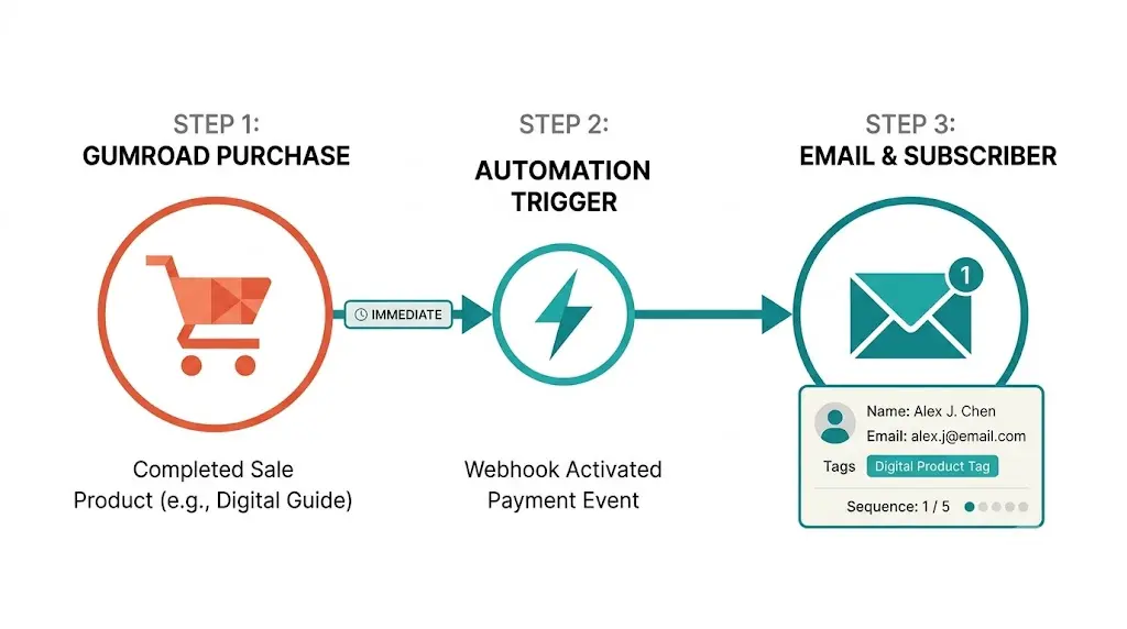 Workflow diagram showing a Gumroad purchase event flowing automatically into a ConvertKit subscriber record with product-specific tags and triggering a targeted post-purchase email sequence