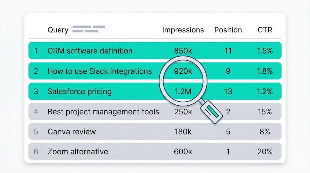 Google Search Console query table with three rows highlighted showing high impressions at positions 8 to 14 with low click-through rates representing the fastest keyword gap opportunities to close for SaaS sites