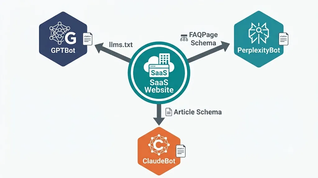 Diagramm zeigt strukturierte Daten und eine llms.txt-Datei, die direkt in ein Diagramm einer KI-Antengine mit GPTBot, PerplexityBot und ClaudeBot-Knoten speist, die Signale von einer strukturierten SaaS-Website empfangen.