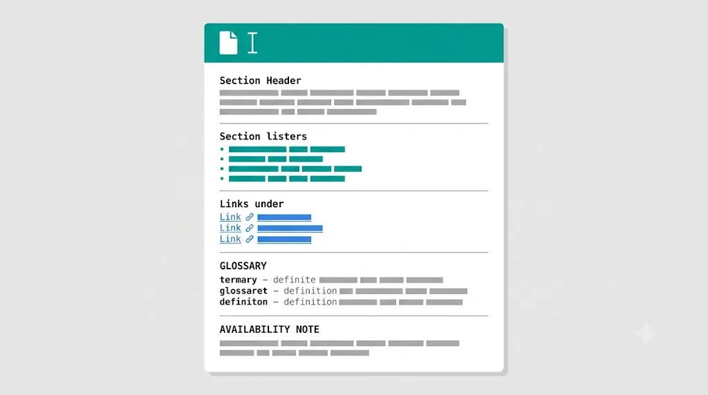 Saubere Markdown-Vorlage, die die fünf Abschnittsstruktur einer optimierten llms.txt-Datei für ein B2B-SaaS-Produkt zeigt — Unternehmensbeschreibung, Kernfähigkeiten, Vergleichslinks, Glossarbegriffe und Verfügbarkeitsnotiz — als formatiertes Dokumentenkarte dargestellt