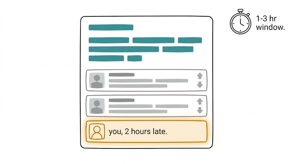 Illustration showing a Reddit buying-intent thread with competitor replies already posted and a timer showing the 1 to 3 hour engagement window closing, representing the cost of missing high-intent Reddit posts