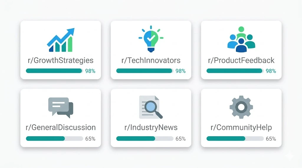 Grid of six subreddit cards ranked by buying intent score for B2B SaaS lead generation, showing high-intent communities with full teal bars and medium-intent communities with partial bars