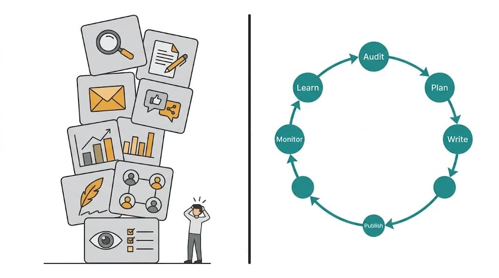 Split illustration showing a tall unstable tower of 8 disconnected marketing tool cards on the left versus a single clean AI CMO execution loop with 6 nodes on the right representing the consolidated 2026 SaaS marketing stack