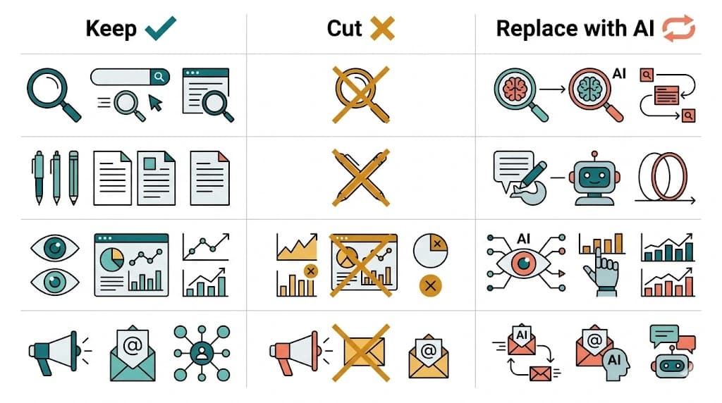 Three-column framework illustration showing which SaaS marketing tools to keep including CRM and analytics, which to cut including standalone AI writers and manual rank trackers, and which layers AI now replaces including SEO execution, content production, and community monitoring