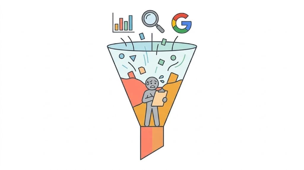 Illustration: SEO-Tools liefern Daten, stoppen aber vor der Ausführung – die ganze Arbeit bleibt beim Menschen