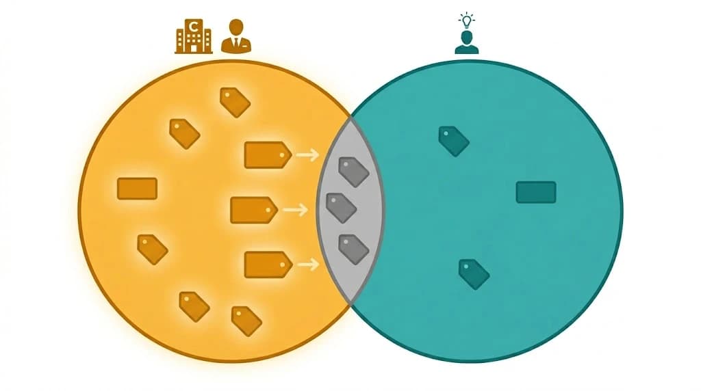 Venn diagram illustration showing competitor keyword tags in amber on the left and the founder's keywords in teal on the right with the gap zone highlighted between them representing keyword gap opportunities in SEO