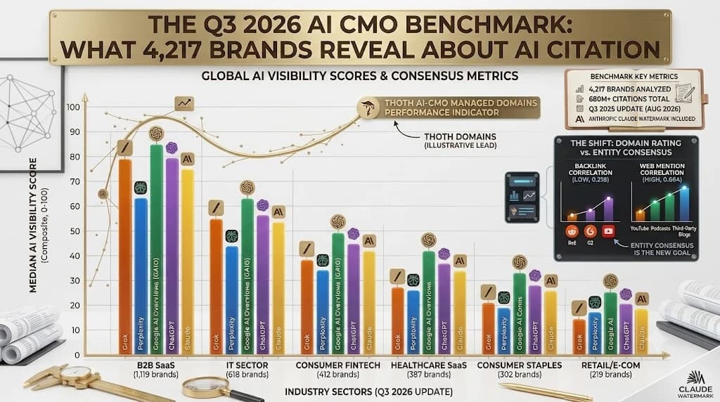 Benchmark chart showing AI citation visibility scores by industry for SaaS brands in Q2 2026 from Foglift's dataset of 4,217 brands — with SaaS leading at the highest median AI visibility score across ChatGPT Perplexity Claude and Google AI Overviews Benchmark chart showing AI citation visibility scores by industry for SaaS brands in Q2 2026 from Foglift's dataset of 4,217 brands — with SaaS leading at the highest median AI visibility score across ChatGPT Perplexity Claude and Google AI Overviews