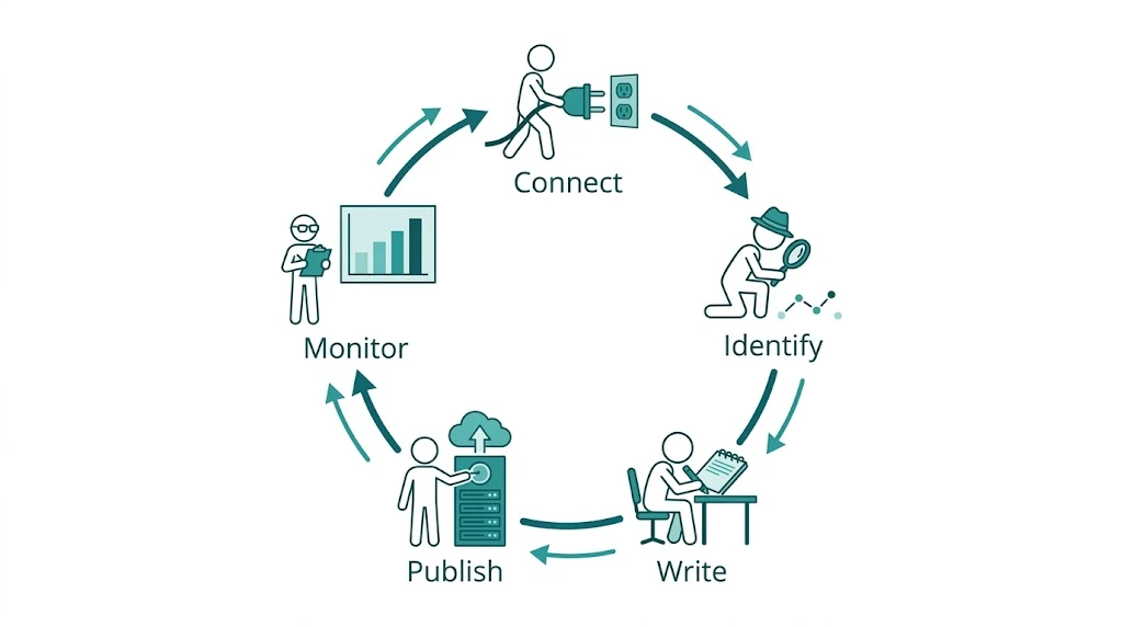 An AI CMO doesn't stop at the audit. It closes the loop automatically. Circular diagram showing the AI SEO autopilot loop: connect GSC, identify gaps, write content, publish, monitor, repeat