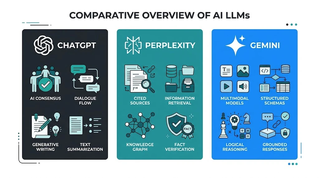 How citation logic differs across ChatGPT, Perplexity, and Gemini. Comparison illustration showing how ChatGPT, Perplexity, and Gemini use different signals to decide which brands to cite in AI-generated answers