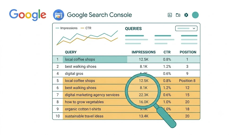 Near-win GSC keywords in positions 8-20 are often the fastest gaps to close. Google Search Console query report with near-win keywords highlighted — positions 8 to 20 with high impressions and low click-through rates representing the fastest SEO gap opportunities